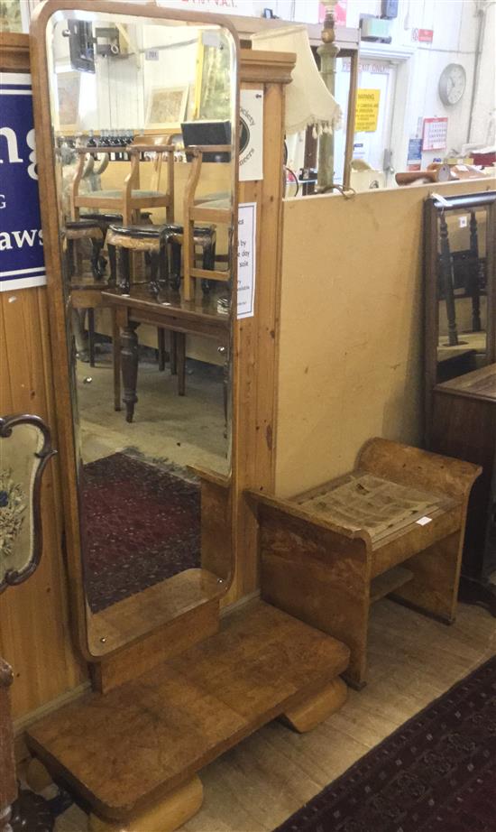 Art Deco walnut frame cheval mirror & a stool